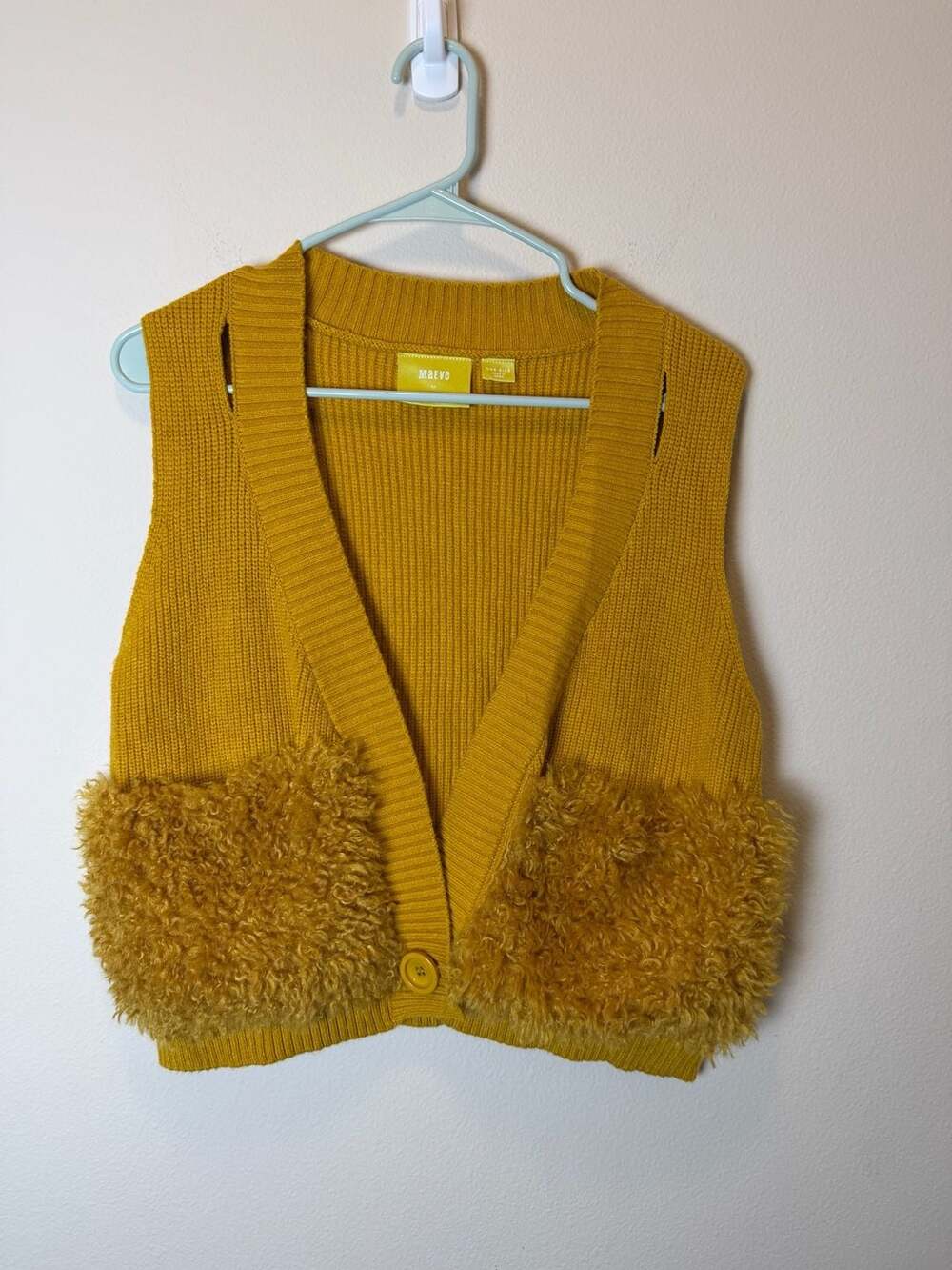 Maeve by Anthropologie Fur Pocket Sweater Vest One Size Mustard Yellow